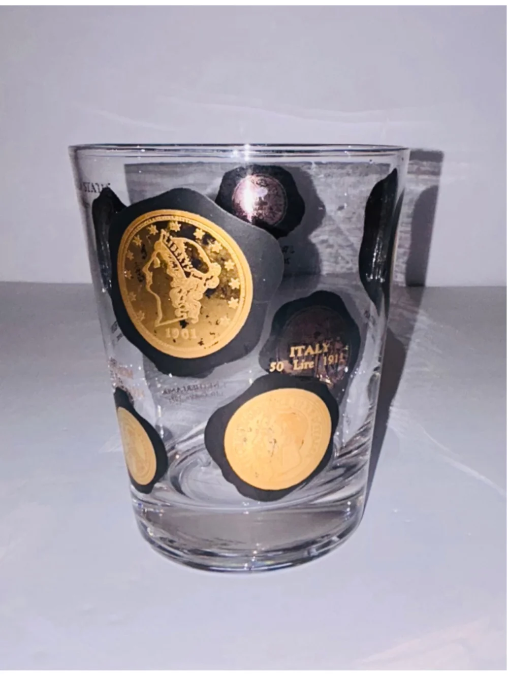 VTG Libbey 22k Gold “Coins Around the World” MCM Whiskey Glasses Set 6 Barware